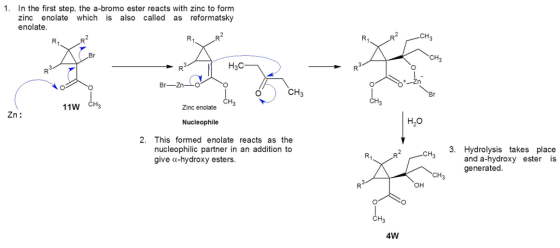 1. In the first step, the a-bromo ester reacts with zinc to form zinc enolate which is also called as reformatsky enolate H3C