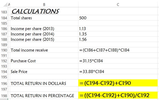 183 CALCULATIONS 184 Total shares 500 185 186 Income per share (2013) 1.13 187 Income per share (2014) 1.35 188 Income per sh