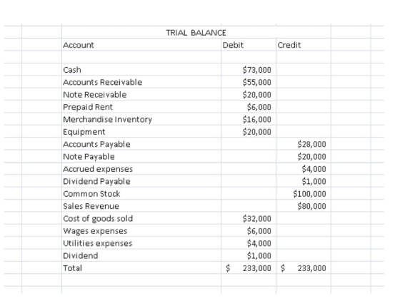 TRIAL BALANCE Account Debit Credit $73,000 $55,000 $20,000 $6,000 $16,000 $20,000 Cash Accounts Receivable Note Receivable Prepaid Rent Merchandise Inventor Equipment Accounts Payable Note Payable Accrued expenses Dividend Payable Common Stock Sales Revenue Cost of goods sold Wages expenses Utilities expenses Dividend Total $28,000 $20,000 $4,000 $1,000 $100,000 $80,000 $32,000 $6,000 $4,000 $1,000 233,000 2 233,000