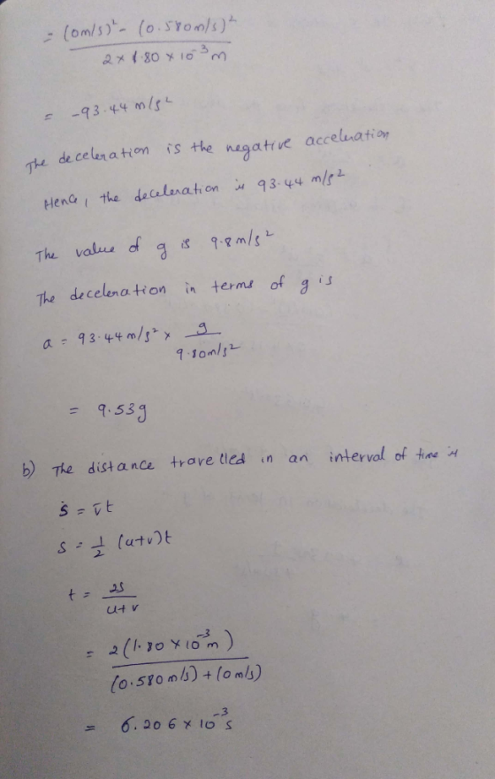 a de celer a ttom is the negatrve accelmatioy The Hene the dealnat on344 ms The value of g 9.8 m/sL The decelena tion in term