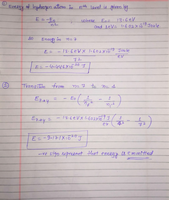 O Energy of hydrogen atom in nth level is given by E =-Eo ; where Eo= 13.6 eV - and lev= 1.602 x 10 19 Joule. 80 Energy in n=