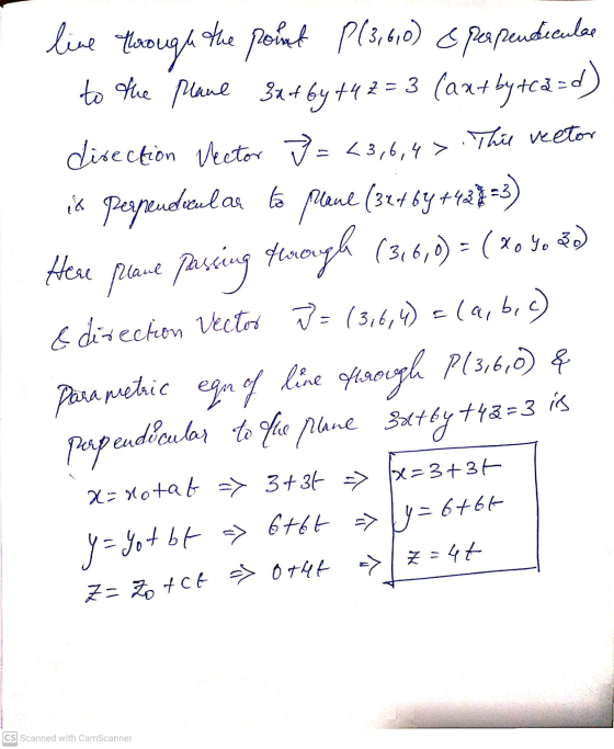 line through the point P (3,60) & perpendiculae to the plane 32+ 6y +42= 3 (ant by tea=d) direction Vector J = <3,6,4> This v
