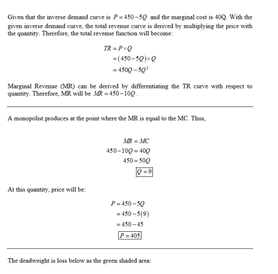 40Q. With the Given that the inverse demand curve is P 450-5Q and the marginal cost is given inverse demand curve, the total