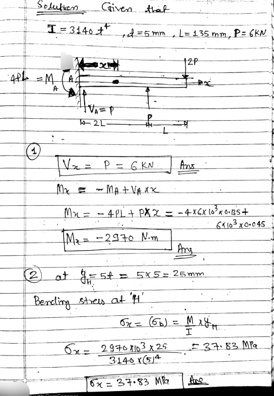 Solution Criven that I = 3140 ++ ret = 5mm A L= 135 mm, P=6KN 12P RE 41=MC A A IVANT h 2L- *0 L 1 Vm= P = 6 KN Ans Min = - MA