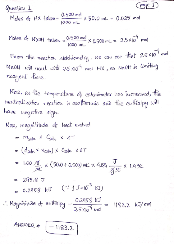 Page- Questian 1 Moles dHX taken 0.500 mol x 50.0 mL = 0.025 mol 000 mL Moles dr NaoH taken= 0.500mol X 0.500 mL 2.5x1o mol 1
