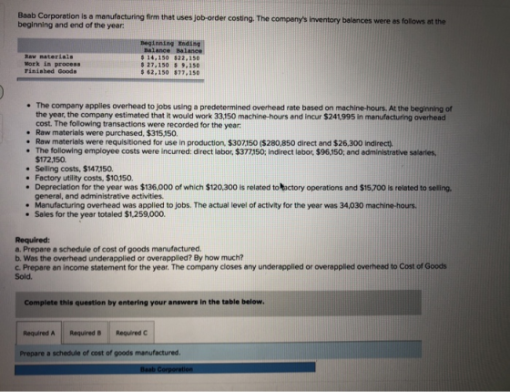 Baab Corporation is a manufacturing firm that uses job-order costing. The companys inventory balances were as follows at the
