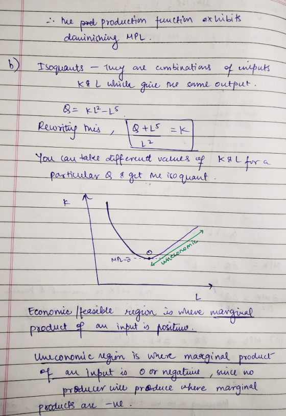 function exhibits - the pred production diminishing MPL . b) Isoquants - they are combinations of inputs K& L the same output