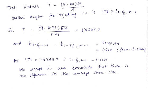 statistic Test statistic Critical region T - (- molto for rejecting Ho is lila tood, no to.95,99 t-table) So, I = (9-8-75) 11