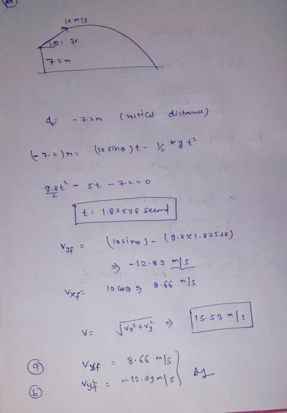 10mis 7.2 m do -72m (vertical distance) hor (7.2) = (losinost- & x 9 +² 9.8t - st - 7.220 t = 1.82538 seend Vyf = losinas (9.