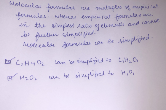 Moleculae formulas are multiples of empirical formulas. whereas empinical formulas are in the simplest ratio of elements and