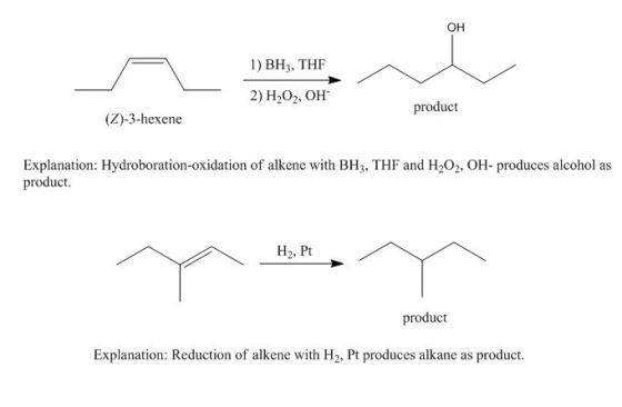 OH ) BH, THF 2) H-02, ОН product (Z)-3-hexene Explanation: Hydroboration-oxidation of alkene with BH3, THF and H2O2, OH- pro