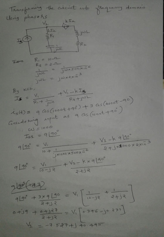 Thansfermy the aicict nto Ueng phaseAs kIa R2 K,=10-2 R2=2 LO By KCL +Vi-kIS RatjwL V, R.+ tst)9 CosGeoot +96)+3 as (aooot-9)