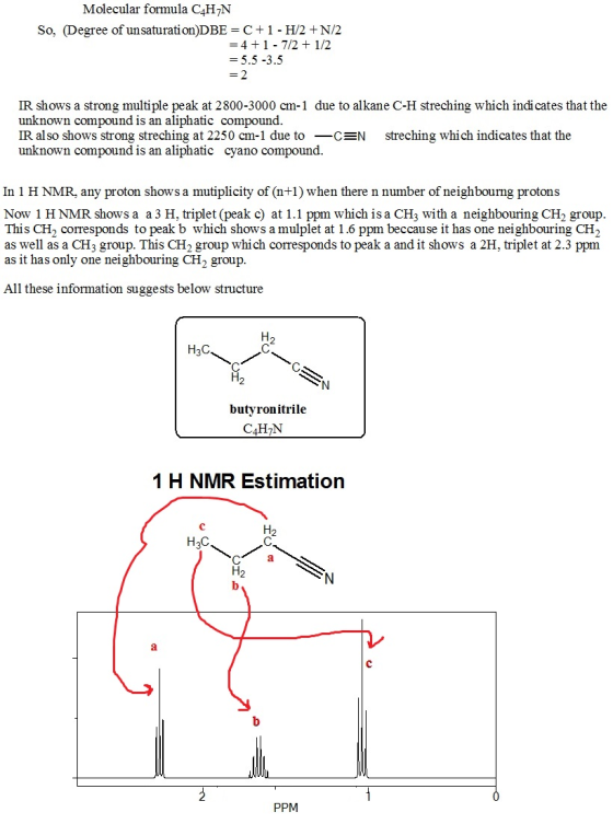 Molecular formula C4H7N So, (Degree of unsaturation)DBE = C+1 - H/2 +N/2 = 4+1 - 7/2 + 1/2 = 5.5 -3.5 = 2 IR shows a strong m