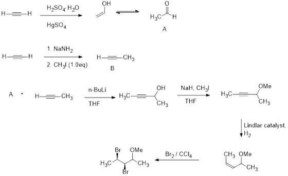 OH H2SO4 H2C HgSO4 1. NaNH2 CH 2. CH3l (1.0eq) OH NaH, CH3l OMe n-BuLi THF THF Lindlar catalyst Br OMe Br2/ CCl4 CH OMe H3C C