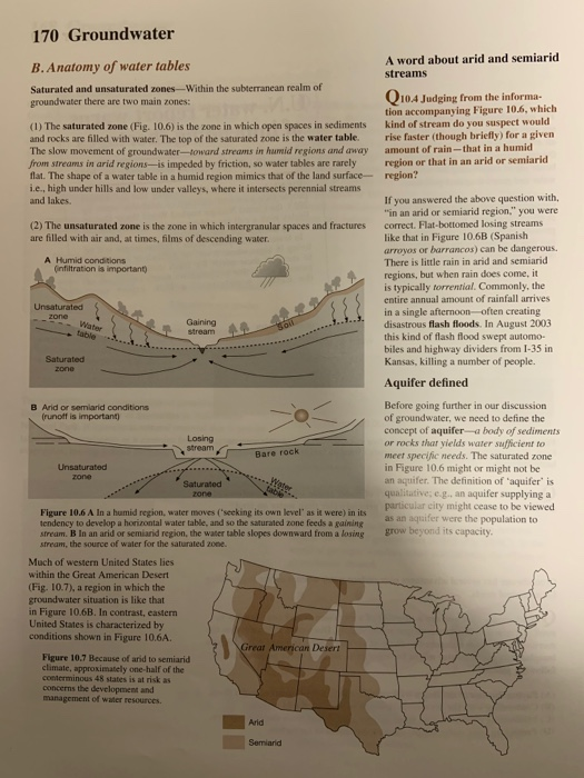 170 Groundwater A word about arid and semiarid streams B. Anatomy of water tables Saturated and unsaturated zones --Within th