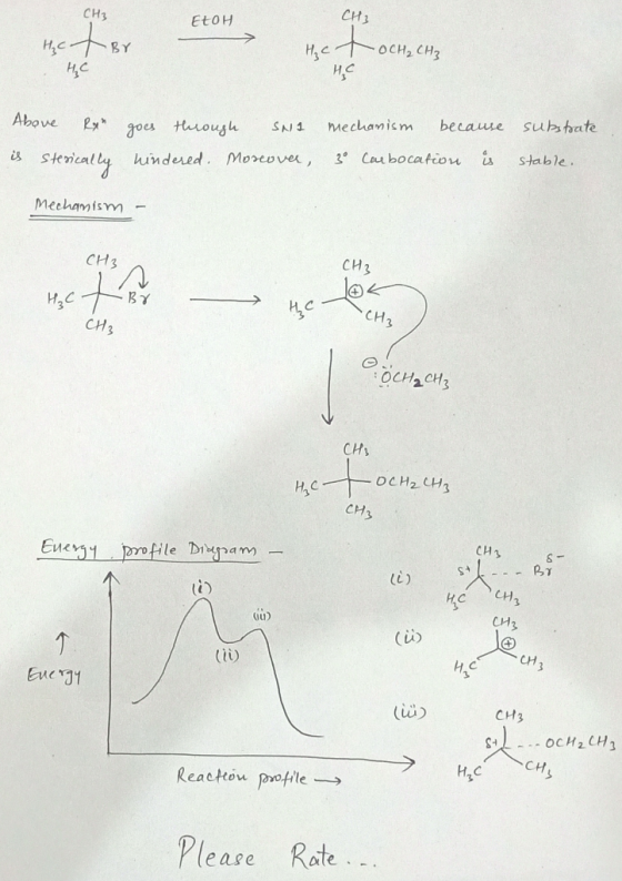 СН3 ELOH сиз H₂ C + Br не H, T~ Оси, сна нс Above RX is sterically goes through SNL mechanism because hindered. Moreover, 3