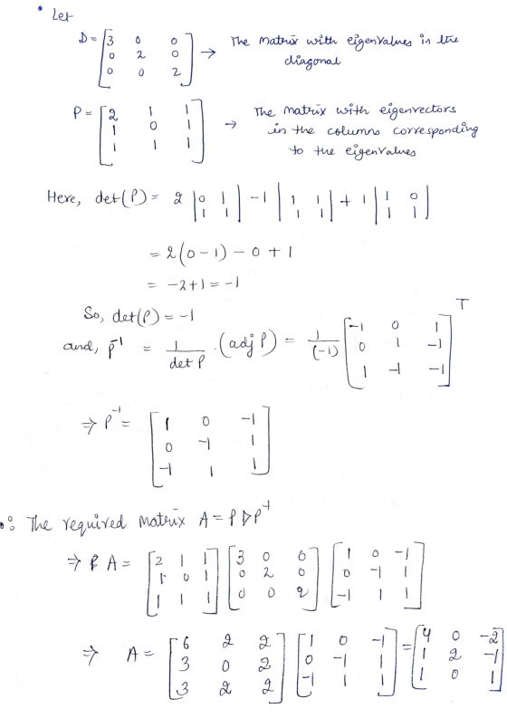 Let D بر 0 2. The matrix with eigenvalues in the diagonal 0 2 P 2 0 The matrix with eigen rectors in the columns correspondin