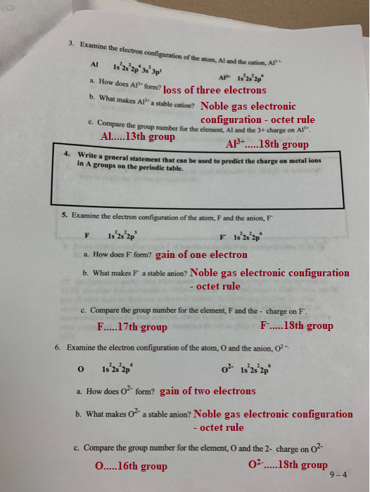 3. Examine the electron configuration ofthe Aland the cation, Al. Ap 122p a. How does AP form? loss of three electr b. What