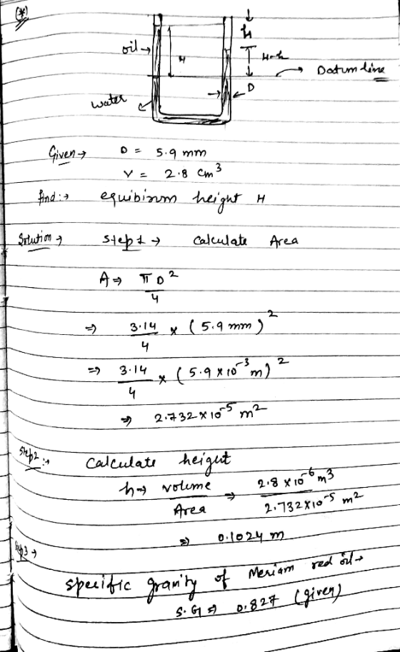 Datum line water Water call Given find : B = 5.9 mm ve 2.9 cm3 equibioum height to Stept calculate Area н» тръ A Solution & 7