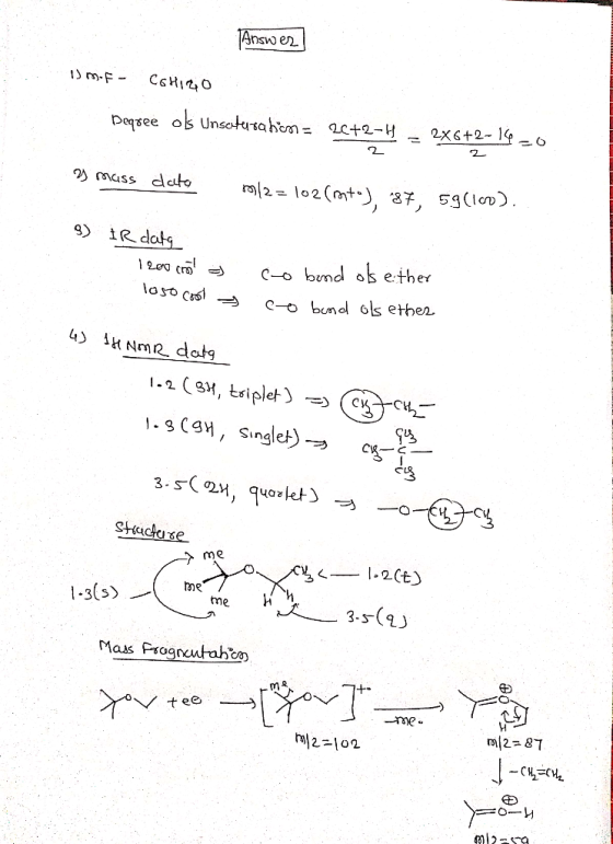 Answer 1) M-F- Coligo Deqsee ols Unsatesa bicos = 2C+2-4 = 2X6+2-14 20 2 3 muss dato m/2 = 102(rato), 87, 59(100). 3) IR dalg