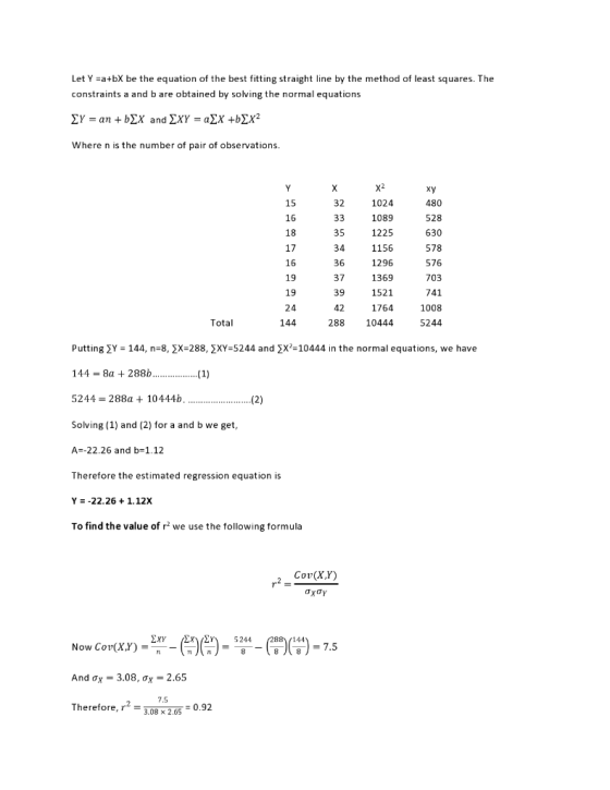 Let Y -a+bX be the equation of the best fitting straight line by the method of least squares. The constraints a and b are obt