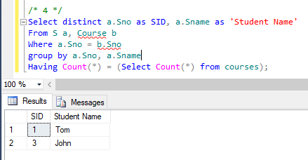 /* 4 */ Select distinct a. Sno as SID, a. Sname as Student Name From Sa, Course b Where a. Sno = b. Sno group by a. Sno, a.