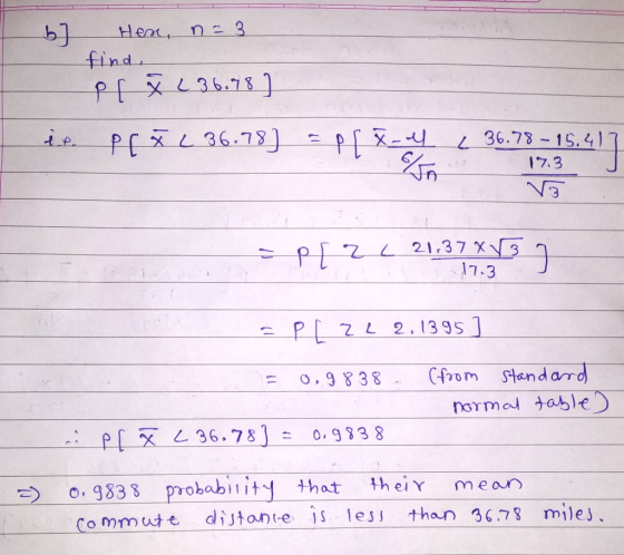 Hen, na 3 I7.3 V 3 17-3 normed tarble) ー) 0:9833 probabnity that the. Y mean commute distante is less than 3678 miles、