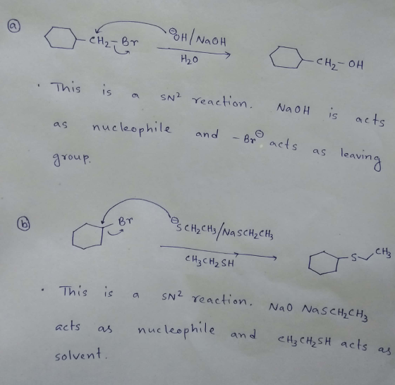 * O cher WonoM OH OCH-04 2 This is a SN² reaction. NaOH is nucleophile acts and - Br acts as leavi Этоар. SCH₂ CH₃/NQ SCH₂ CH