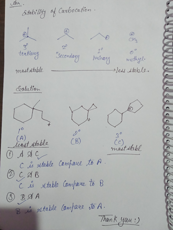 w du. Stability of Carbocation , tertiany Secondary meinary methyle less stables mast stable Solution e lddels EEEEEE least
