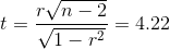 t=\frac{r\sqrt{n-2}}{\sqrt{1-r^{2}}}=4.22