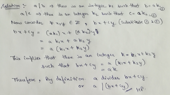 solution & alb there is an integer ki such that b=ako ale there is an integer ke such that c= akz. Now consider & nay tz brtc
