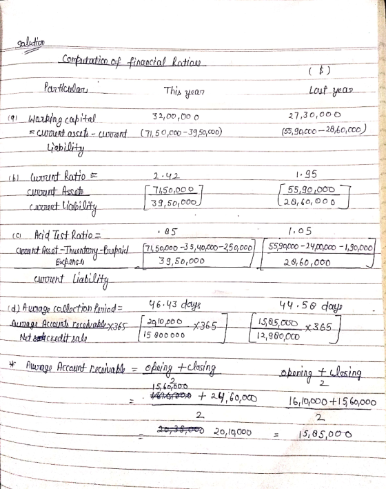 salution Computation of financial Ration Panticular Lout year This yea7 27,30,000 (9 Harking capital E CUMent assets - cUzant