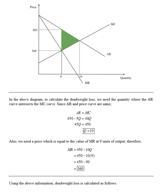 Price MC 405 360 AR 10 Quantity MR In the above diagram, to calculate the deadweight loss, curve intersects the MC curve. Sin