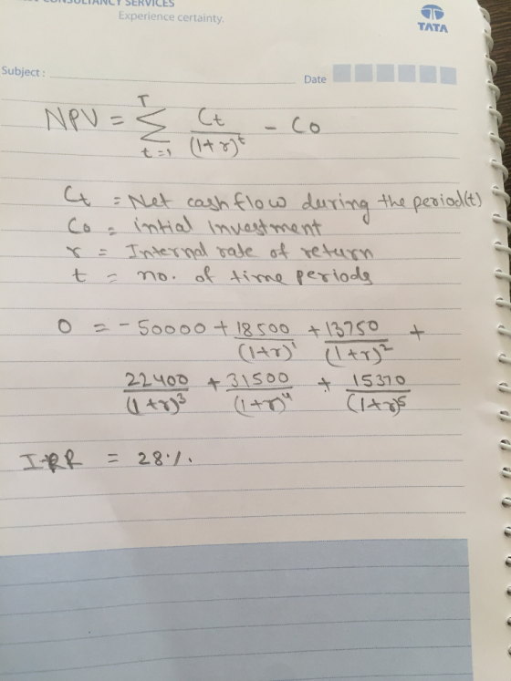 CONJULIANCY SERVICES Experience certainty. TATA Subject: Date I II Date NPV =3 Ct .co (1+zyt A Co x t = Net cash flow during