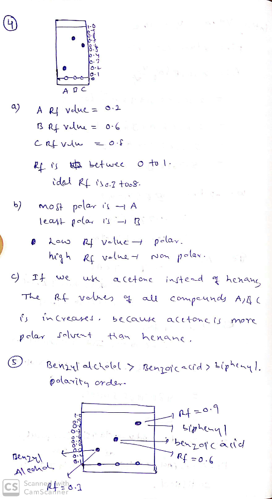 ABC a) A Rf value = 0.2 BRf velue = 0.6 CRfvelu = o.s. Rf is to betwee o tol.. ided Rf is a 3 tool. - b) most polar is ta lea
