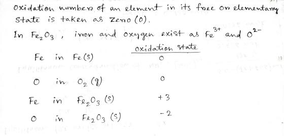 oxidation numbers of an element in its fore oro elementary state is taken as Zero (o). In Fe₂O3 iron and oxygen exist as Fest