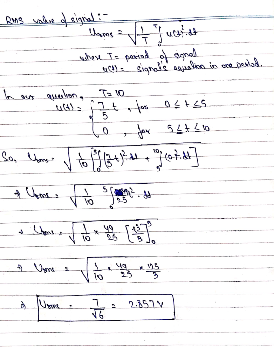 Rus value of signal : Ulms & t fucslidt where la period of signal USH, signals equation in one period. h Queelong Tz 10 د لم