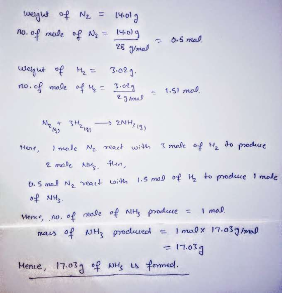 = N to mram 14013 14.0)9 28 mal no. of mole of N2 0.5 mal 3.023 of H welgut 3.0la 2Imas no. of moDe f 1.51 mol N2 mede of H2