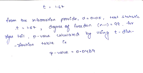 t = 1067 from the Information provide, d=ooos, test statistic it - 1067 (n-1)=99 for sight tail P-value calculated t-dist.- -