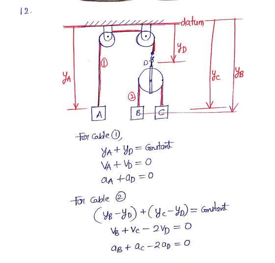 12. datum 19B BÁB For Cable , Yat Yo = constant VA + Vo = 0 ClA tap = 0 For Cable © (YB-YD) +(Yc-YD)= constant V8 + Ve – 2vp