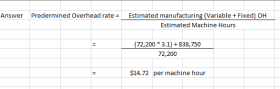 Answer Predermined Overhead rate = Estimated manufacturing (Variable + Fixed) OH Estimated Machine Hours II (72,200 * 3.1) +