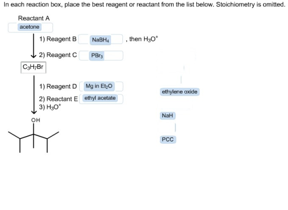In each reaction box, place the best reagent or reactant from the list below. Stoichiometry is omitted Reactant A acetone 1)