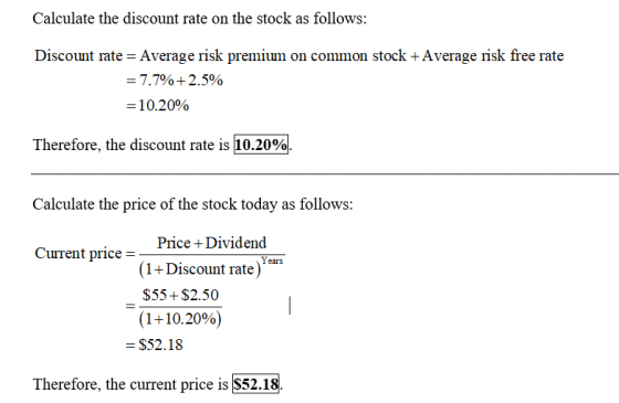 Calculate the discount rate on the stock as follows: Discount rate = Average risk premium on common stock +Average risk free