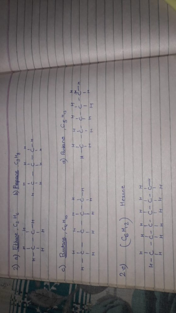 2) a) Ethane Cg Ho b Propane eg Hg 1 I-U FJ-I -0- ċ-ċ-H I 1-O- -I c) Butane Catho d) Pentane Cg the I_O_I I-0--I I-U-I H 2.0)