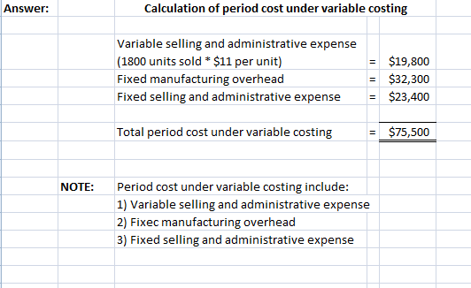 Answer: Calculation of period cost under variable costing Variable selling and administrative expense (1800 units sold * $11