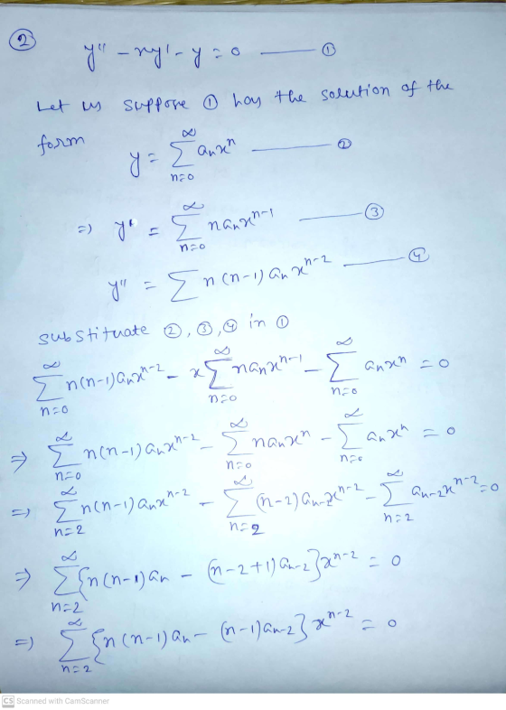 y - ny ryzo Let us suppose 6 hay the solution of the form y=Ea Eauren nco a) y = nananny nco Y Encn-ilan xn-2 substituate ②