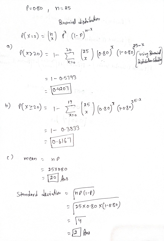 P=0.80, n=25 Binomial distribution a) P(x=2) = (b ) PR (1-P) P(x320) = 1 95-2 , °) (using Binomiel [dishibution Gallery 51-0