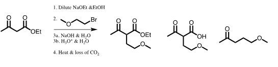 1. Dilute NaOEt &ELOH 2. Br OEt 3a. NaOH & HO 36. HO & HO llo ha in 4. Heat & loss of CO2