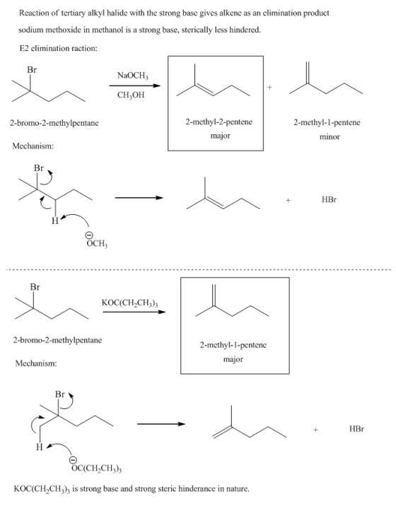 Rcaction of tertiary alkyl halide with the strong base gives alkene as an elimination product sodium methoxide in methanol is