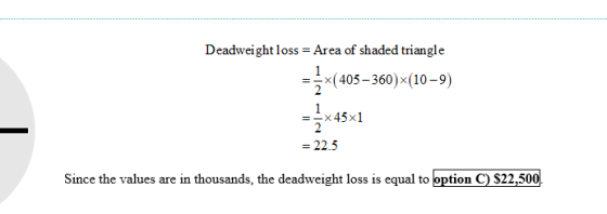 Deadweight loss Area of shaded triangle -x(405-360)x(10-9) =-x45x1 =22.5 Since the values are in thousands, the deadweight lo